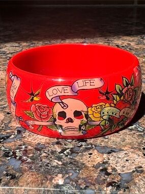 Ed Hardy “Love Life” Tattoo Skull Roses Dragon Fish Red Chunky Bangle Bracelet